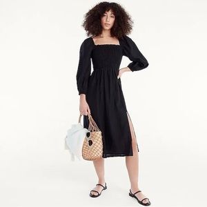 NWT J.Crew Linen Daydream Dress black Medium Midi Peasant fitted bodice summer